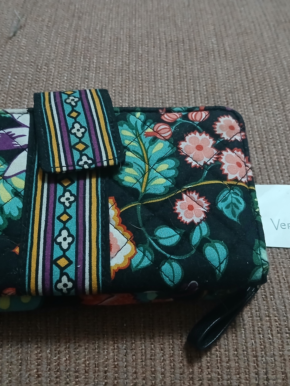 Vera Bradley Black Quilted Floral Wallet with Teal and Coral Accents